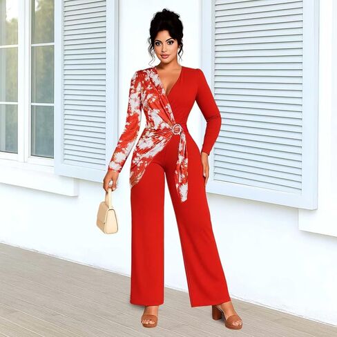 Wide Leg Jumpsuits for Women Dressy Long Sleeve Wrap V Neck Floral Print Jumpsuit Romper with Pockets in Saudi Arabia