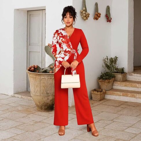 Wide Leg Jumpsuits for Women Dressy Long Sleeve Wrap V Neck Floral Print Jumpsuit Romper with Pockets in Saudi Arabia