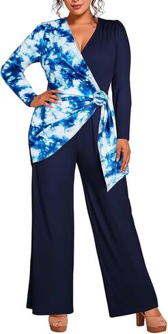 Wide Leg Jumpsuits for Women Dressy Long Sleeve Wrap V Neck Floral Print Jumpsuit Romper with Pockets in Saudi Arabia