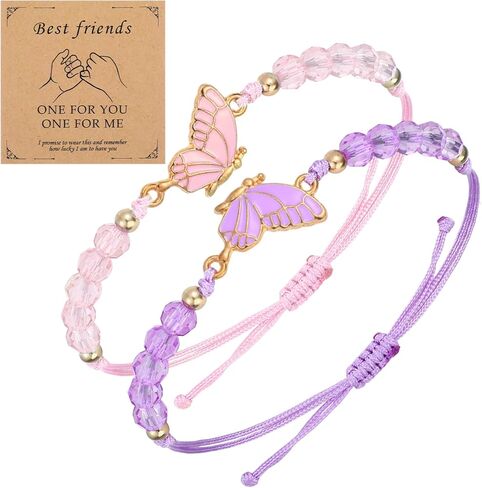 2 Pcs Best Friend Bracelet, Adjustable Strand Bff Bracelets, Butterfly Matching Bracelets for Couples,Handmade Charm Friendship Bracelet Jewelry Gifts for Women Couples Bestie(Pink Purple) in Saudi Arabia