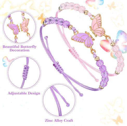 2 Pcs Best Friend Bracelet, Adjustable Strand Bff Bracelets, Butterfly Matching Bracelets for Couples,Handmade Charm Friendship Bracelet Jewelry Gifts for Women Couples Bestie(Pink Purple) in Saudi Arabia
