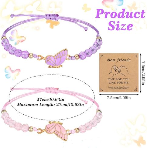 2 Pcs Best Friend Bracelet, Adjustable Strand Bff Bracelets, Butterfly Matching Bracelets for Couples,Handmade Charm Friendship Bracelet Jewelry Gifts for Women Couples Bestie(Pink Purple) in Saudi Arabia