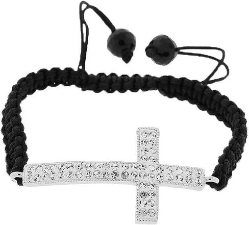 My Daily Styles Fashion Alloy Silver-Tone Cross White CZ Black Cord Macrame Beaded Adjustable Bracelet in Saudi Arabia