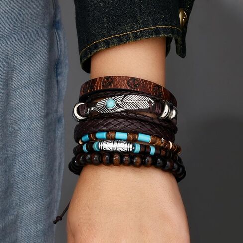 Leather Bracelet for Men Western Jewelry for Women Retro Turquoise Boho Wood Bracelets in Saudi Arabia