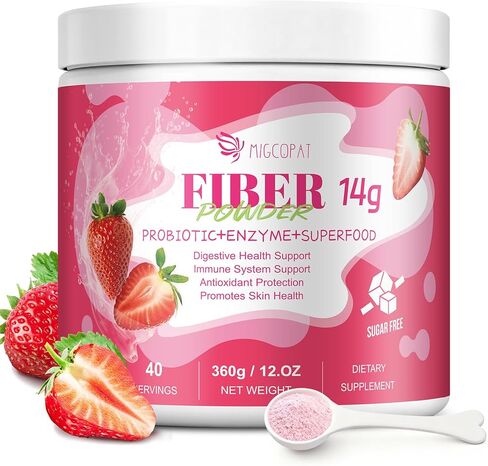 مكمل ألياف 14 جرام مع البروبيوتيك، البريبايوتكس، الإنزيمات الهاضمة، فيتامين ج، المغنيسيوم، مسحوق الفواكه والأعشاب، مسحوق الألياف لصحة الجهاز الهضمي وصحة الجلد، بدون سكر، فراولة، 40 حصة. in Kuwait