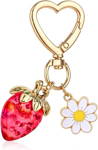 Strawberry Keychain for Women, Cute Bag Charm with Heart Flower Daisy Key Chains, Purse Accessories Gift for Girls in Saudi Arabia