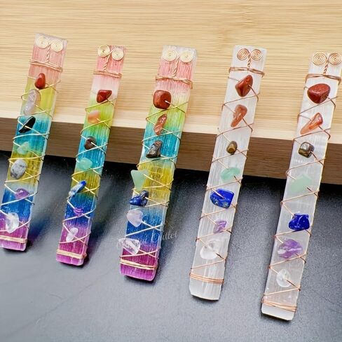 1pc 7 Chakra Selenite Stick, Natural Crystal Chip Tumble Stone Wand for Meditation, Charging, Clearing, Gift Yoga Decor in Saudi Arabia