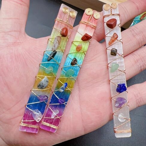 1pc 7 Chakra Selenite Stick, Natural Crystal Chip Tumble Stone Wand for Meditation, Charging, Clearing, Gift Yoga Decor in Saudi Arabia
