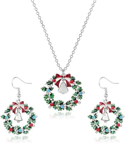 Christmas Wreath Bell Necklace Earrings Set for Women Sparkling Rhinestone Gold Silver Enamel Wreath Bell Necklace Drop Dangle Earrings Holiday Party Favors Festive Jewelry Gifts in Saudi Arabia