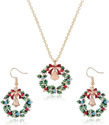 Christmas Wreath Bell Necklace Earrings Set for Women Sparkling Rhinestone Gold Silver Enamel Wreath Bell Necklace Drop Dangle Earrings Holiday Party Favors Festive Jewelry Gifts in Saudi Arabia