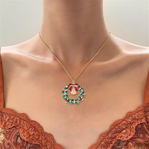 Christmas Wreath Bell Necklace Earrings Set for Women Sparkling Rhinestone Gold Silver Enamel Wreath Bell Necklace Drop Dangle Earrings Holiday Party Favors Festive Jewelry Gifts in Saudi Arabia