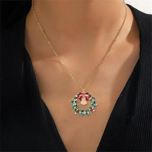 Christmas Wreath Bell Necklace Earrings Set for Women Sparkling Rhinestone Gold Silver Enamel Wreath Bell Necklace Drop Dangle Earrings Holiday Party Favors Festive Jewelry Gifts in Saudi Arabia