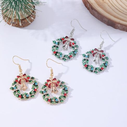 Christmas Wreath Bell Necklace Earrings Set for Women Sparkling Rhinestone Gold Silver Enamel Wreath Bell Necklace Drop Dangle Earrings Holiday Party Favors Festive Jewelry Gifts in Saudi Arabia