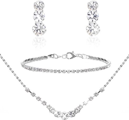 Silver Jewelry Set for Women, Rhinestone Necklace Bracelet Dangle Earrings Set, Crystal Bridal Wedding Party Jewelry Sets for Bride Bridesmaid Formal Costume in Saudi Arabia
