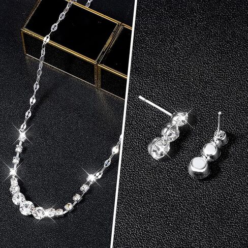 Silver Jewelry Set for Women, Rhinestone Necklace Bracelet Dangle Earrings Set, Crystal Bridal Wedding Party Jewelry Sets for Bride Bridesmaid Formal Costume in Saudi Arabia