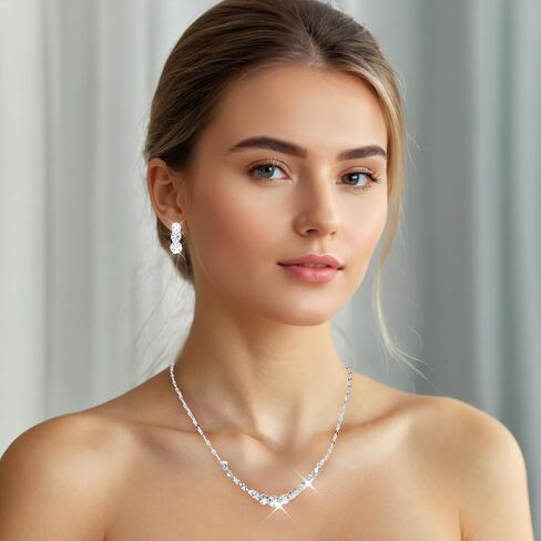 Silver Jewelry Set for Women, Rhinestone Necklace Bracelet Dangle Earrings Set, Crystal Bridal Wedding Party Jewelry Sets for Bride Bridesmaid Formal Costume in Saudi Arabia
