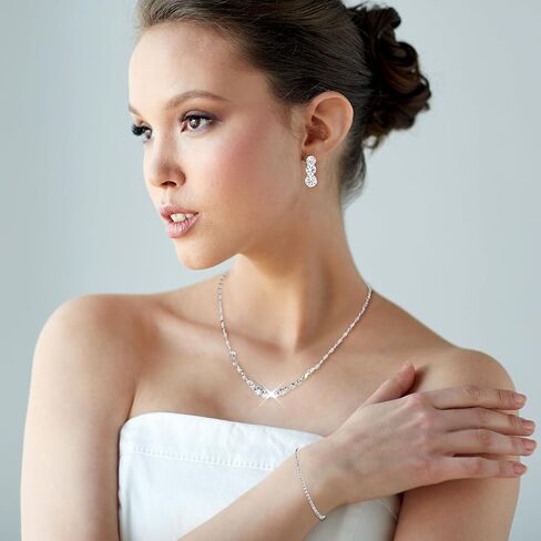 Silver Jewelry Set for Women, Rhinestone Necklace Bracelet Dangle Earrings Set, Crystal Bridal Wedding Party Jewelry Sets for Bride Bridesmaid Formal Costume in Saudi Arabia