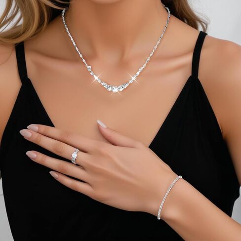 Silver Jewelry Set for Women, Rhinestone Necklace Bracelet Dangle Earrings Set, Crystal Bridal Wedding Party Jewelry Sets for Bride Bridesmaid Formal Costume in Saudi Arabia