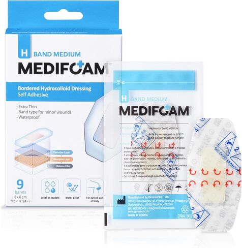شريط H متوسط ​​- ضمادة غرواني مائي بحدود، تضميد جروح ذاتي اللصق، مقاوم للماء، رفيع للغاية، نوع الشريط للجروح البسيطة، 1.2 بوصة × 2.4 بوصة (9 أشرطة) in Kuwait