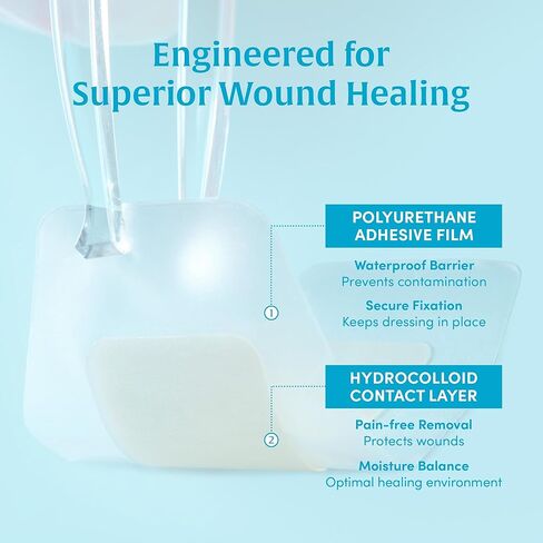 شريط H متوسط ​​- ضمادة غرواني مائي بحدود، تضميد جروح ذاتي اللصق، مقاوم للماء، رفيع للغاية، نوع الشريط للجروح البسيطة، 1.2 بوصة × 2.4 بوصة (9 أشرطة) in Kuwait