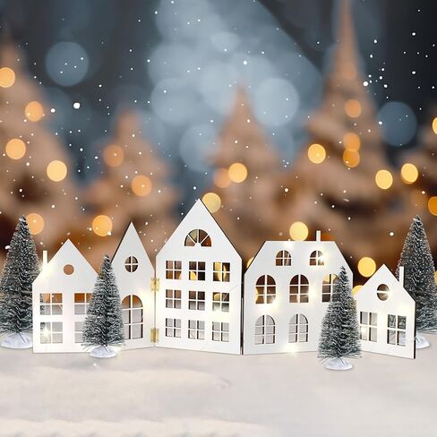 Chunful 5 Pcs Foldable Wooden Christmas Village House with LED Light String Paintable White Christmas Village House with 4 Pcs Xmas Trees Indoor for Home Mantel Tabletop Centerpiece Holiday Decoration in Saudi Arabia