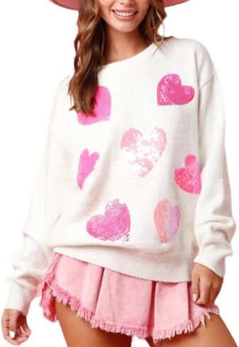 Womens Sequin Heart Sweatshirt Cute Cowboy Boots Crewneck Sweaters Sparkly Lips Oversized Long Sleeve Pullover Tops in Saudi Arabia