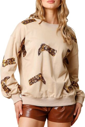 Womens Sequin Heart Sweatshirt Cute Cowboy Boots Crewneck Sweaters Sparkly Lips Oversized Long Sleeve Pullover Tops in Saudi Arabia