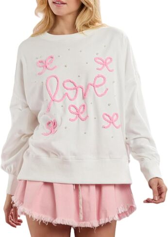 Womens Sequin Heart Sweatshirt Cute Cowboy Boots Crewneck Sweaters Sparkly Lips Oversized Long Sleeve Pullover Tops in Saudi Arabia