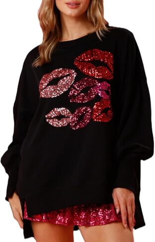 Womens Sequin Heart Sweatshirt Cute Cowboy Boots Crewneck Sweaters Sparkly Lips Oversized Long Sleeve Pullover Tops in Saudi Arabia