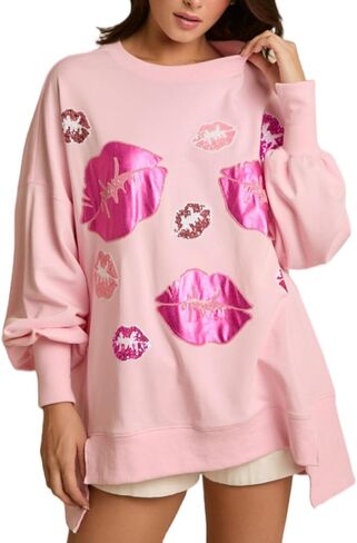 Womens Sequin Heart Sweatshirt Cute Cowboy Boots Crewneck Sweaters Sparkly Lips Oversized Long Sleeve Pullover Tops in Saudi Arabia