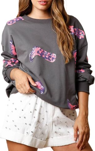 Womens Sequin Heart Sweatshirt Cute Cowboy Boots Crewneck Sweaters Sparkly Lips Oversized Long Sleeve Pullover Tops in Saudi Arabia
