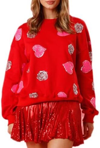 Womens Sequin Heart Sweatshirt Cute Cowboy Boots Crewneck Sweaters Sparkly Lips Oversized Long Sleeve Pullover Tops in Saudi Arabia