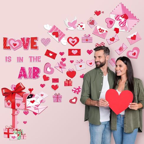 Ctosree 49 Pcs Valentine's Day Wall Stickers Valentine's Day Bulletin Board Decoration Heart Mailbox Letter Wall Decal Red Pink Envelope Cutout for Wedding Anniversary Classroom Home Romantic Decor in Saudi Arabia