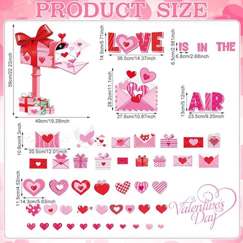 Ctosree 49 Pcs Valentine's Day Wall Stickers Valentine's Day Bulletin Board Decoration Heart Mailbox Letter Wall Decal Red Pink Envelope Cutout for Wedding Anniversary Classroom Home Romantic Decor in Saudi Arabia