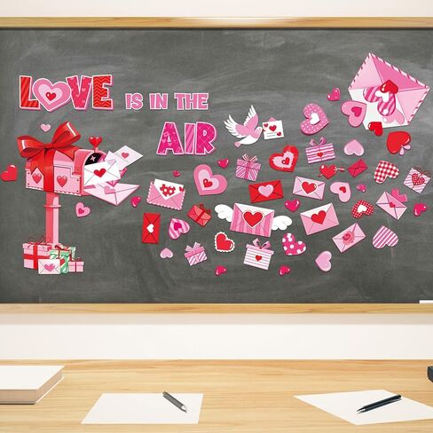 Ctosree 49 Pcs Valentine's Day Wall Stickers Valentine's Day Bulletin Board Decoration Heart Mailbox Letter Wall Decal Red Pink Envelope Cutout for Wedding Anniversary Classroom Home Romantic Decor in Saudi Arabia