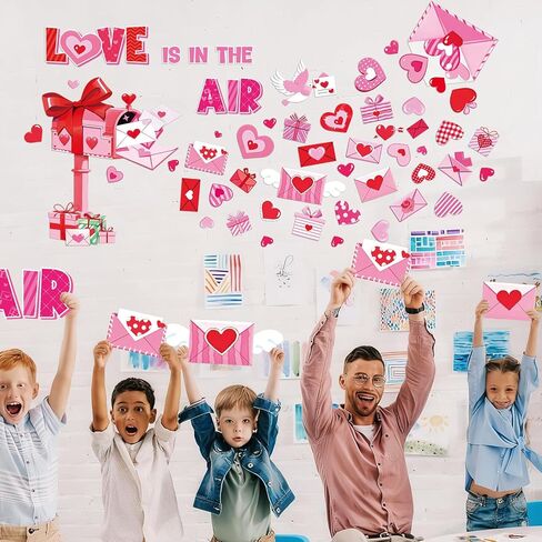 Ctosree 49 Pcs Valentine's Day Wall Stickers Valentine's Day Bulletin Board Decoration Heart Mailbox Letter Wall Decal Red Pink Envelope Cutout for Wedding Anniversary Classroom Home Romantic Decor in Saudi Arabia
