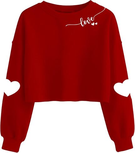 Valentines Shirts for Women Love Heart Graphic Long Sleeve Crop Tops Cropped Valentine Sweatshirt for Teen Girls in Saudi Arabia