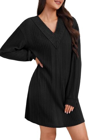 LYANER Women's Lace Trim V Neck Long Sleeve Pleated Ribbed Knit Loose Sleepwear Nightgown in Saudi Arabia