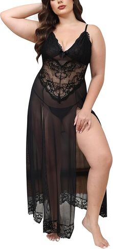 ABAFIP Plus Size Lingerie for Women Sexy Mesh Maxi Nightdress V-Neck Strappy Nightgown Side Split Sleepwear in Saudi Arabia