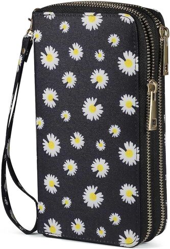 RFID Blocking Cellphone Wallet for Women with Wrist Strap, Double Zipper Travel Clutch Purse Large Capacity, Daisy in Saudi Arabia