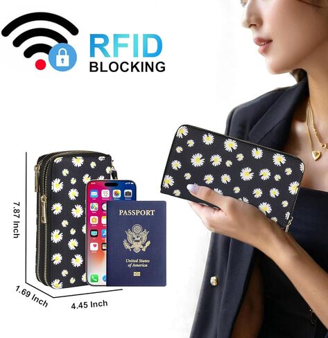 RFID Blocking Cellphone Wallet for Women with Wrist Strap, Double Zipper Travel Clutch Purse Large Capacity, Daisy in Saudi Arabia