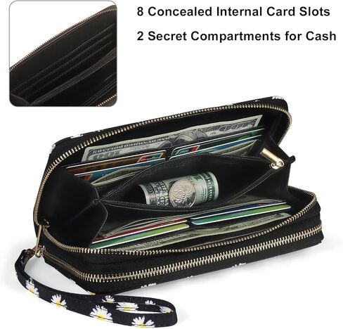 RFID Blocking Cellphone Wallet for Women with Wrist Strap, Double Zipper Travel Clutch Purse Large Capacity, Daisy in Saudi Arabia