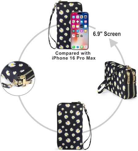 RFID Blocking Cellphone Wallet for Women with Wrist Strap, Double Zipper Travel Clutch Purse Large Capacity, Daisy in Saudi Arabia