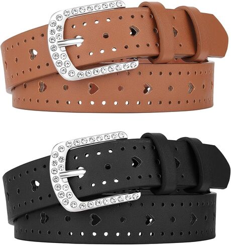 AWAYTR 2 Pcs Girls Leather Belt, With Rhinestone Buckle Kids Western Belt With Heart Cutouts for Dress Jeans in Saudi Arabia
