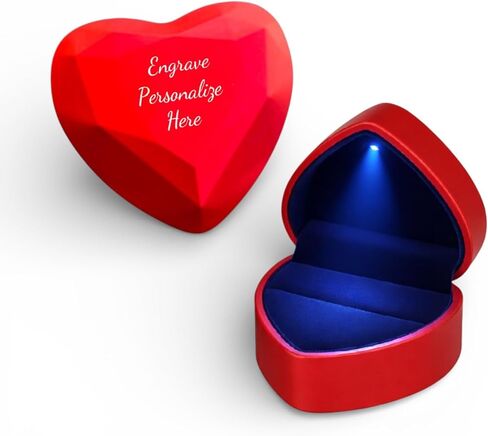 Custom Text Engraved Heart Ring Box with LED Light – Personalized Red Jewelry Case for Engagement & Wedding in Saudi Arabia