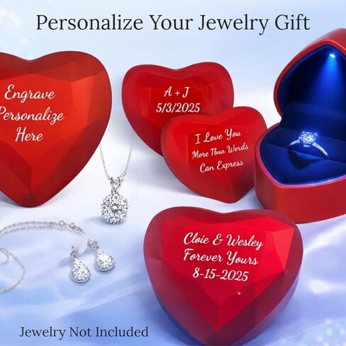 Custom Text Engraved Heart Ring Box with LED Light – Personalized Red Jewelry Case for Engagement & Wedding in Saudi Arabia