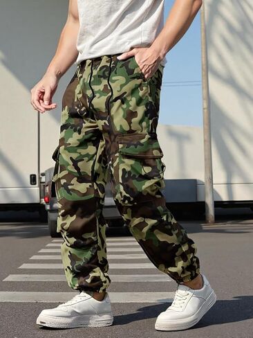 Men's Cargo Joggers, Casual Camo Green Streetwear Pants with Drawstring & Pockets, Army Fatigue Style Sweatpants in Saudi Arabia