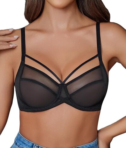 Avidlove Women's Sheer Mesh Bra Full Coverage Strappy Underwire Bras Unlined Sexy See Through Minimier Bra in Saudi Arabia