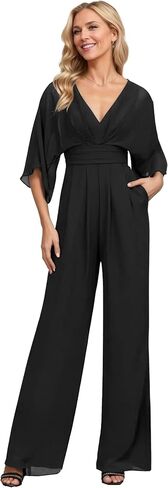 Mother of The Bride Pant Suits for Wedding with Sleeve Formal Outfit V Neck Women's Jumpsuits with Pocket 2025 in Saudi Arabia