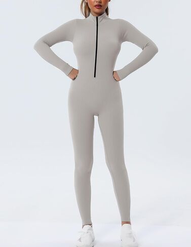 Women's Long Sleeve Zip-Up Bodysuit Fitness Bodycon Jumpsuit for Yoga Running Gym Workout in Saudi Arabia